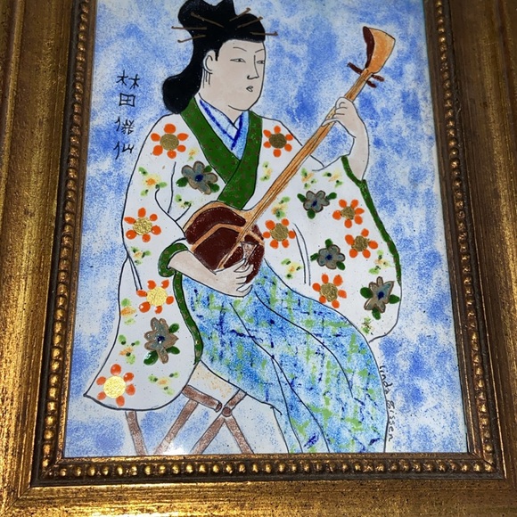Hand Made Japanese Person Playing Instruments Signed on Gold Tone Wooden Frame - Picture 5 of 17